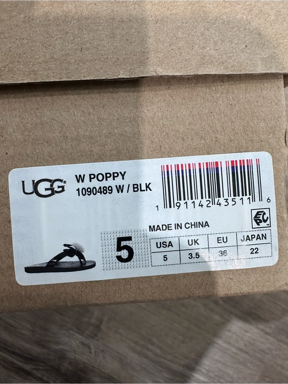 Used Little Girls UGG Black Patent Flip Flops with Light Gray Shearling Pom Pom